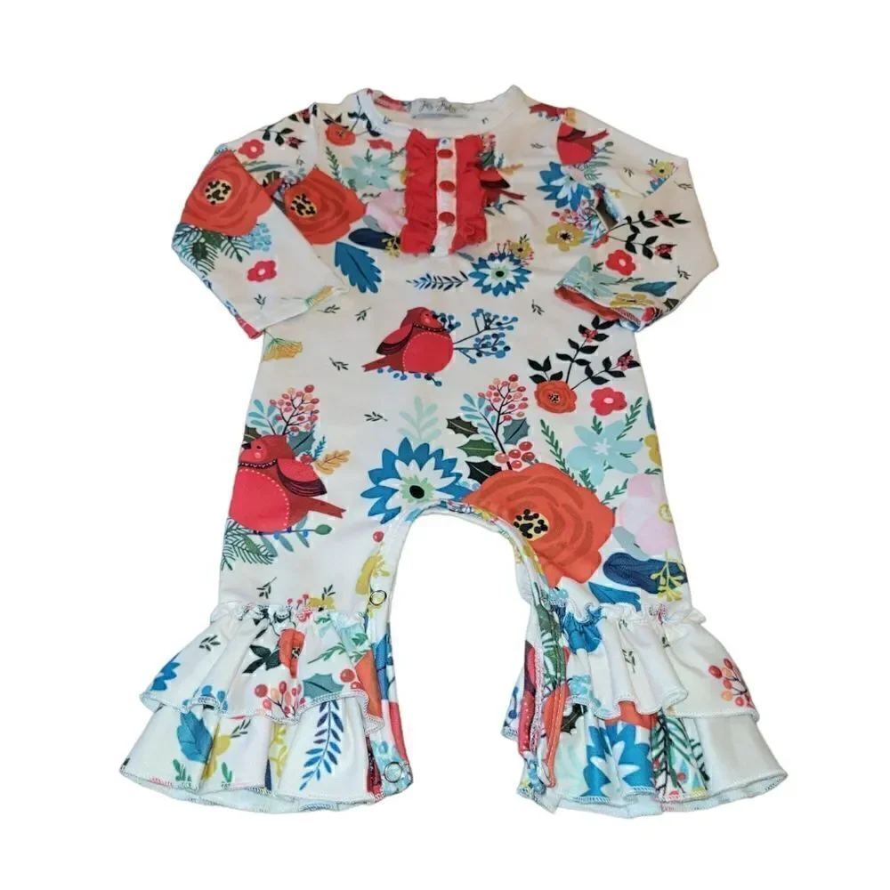 Jets+Jewels Red Bird Cardinal Floral Ruffle Front-Hem Long Onsie Holiday 3M